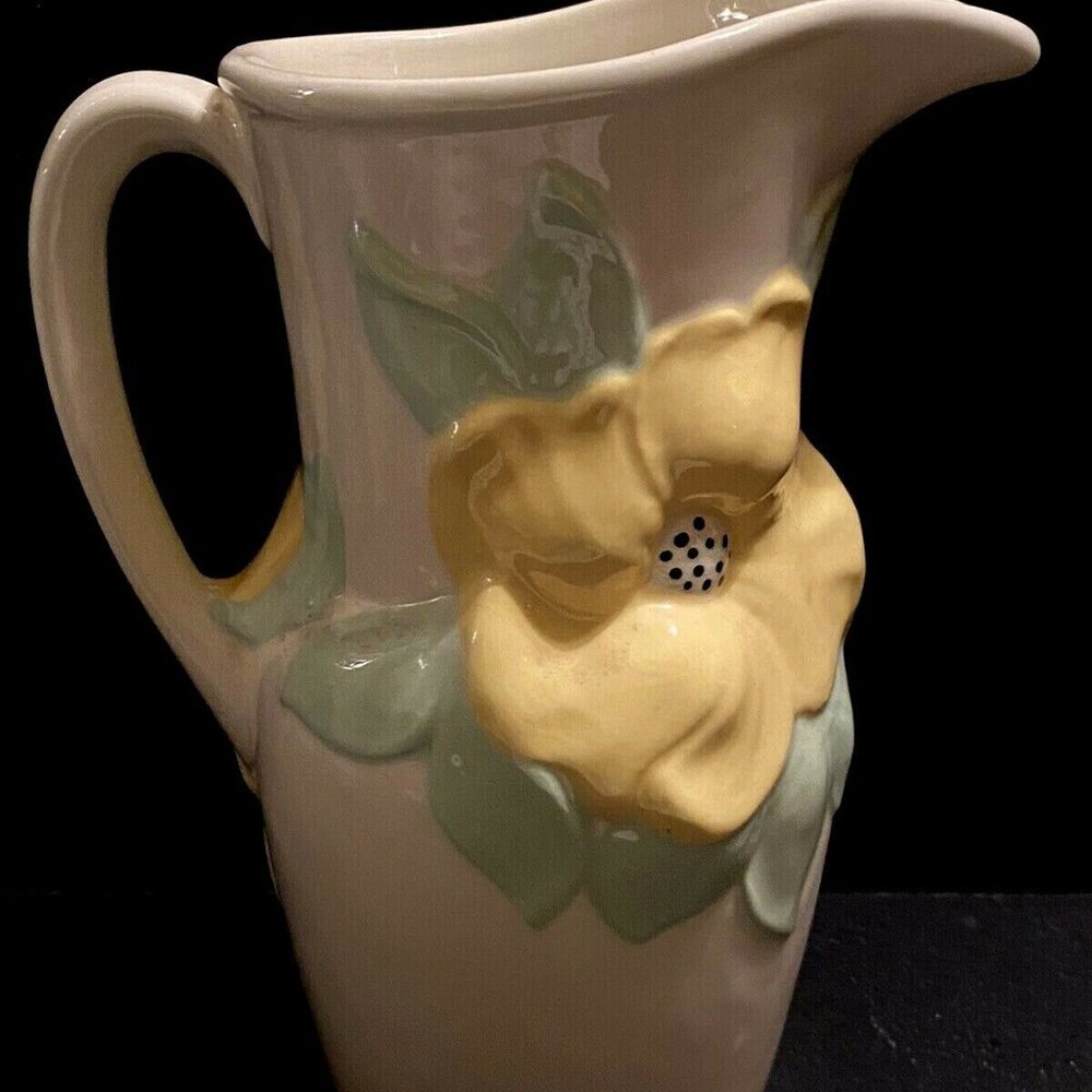 Vintage Holland Mold white 8" pitcher signed HC raised yellow flowers ceramic